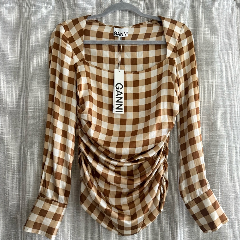 GANNI silk checkered top